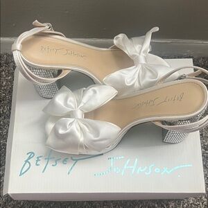 Betsey Johnson White Satin Bow Heels with Rhinestone Block Heel